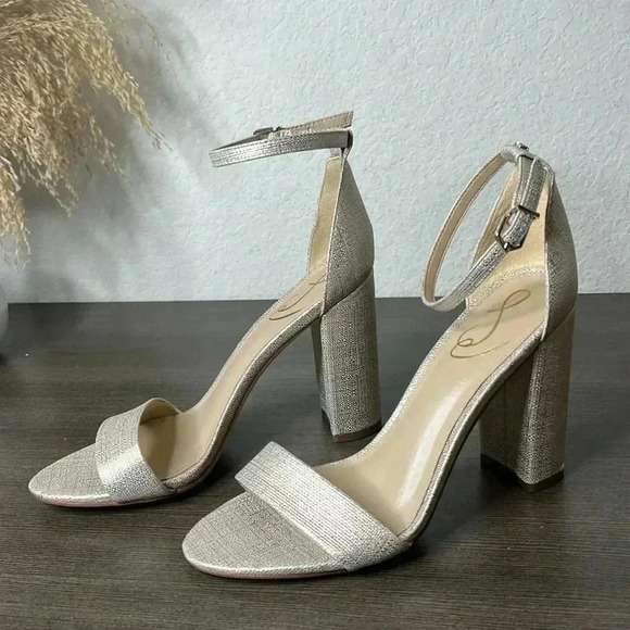 Sam Edelman Yaro Heels Pewter Metallic Champagne Gold Sandals - Picture 1 of 10